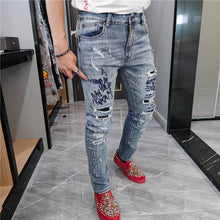 Load image into Gallery viewer, Summer Korean Letter Embroidery Straight Leg Pants Ripped Tight Jean Men Fashion Brand Hole Ruffian Denim Pant Patchwork Jeans
