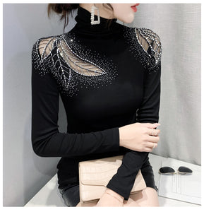 New 2022 Spring Autumn Long Sleeve T-Shirt Fashion Casual Turtleneck Diamond Woman T - FlorentClothingStore 