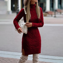 Load image into Gallery viewer, Ladies elegant autumn and winter knitted sweater dress casual ladies solid color long-sleeved high-neck split tight dress
