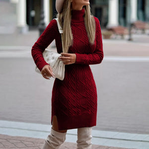 Ladies elegant autumn and winter knitted sweater dress casual ladies solid color long-sleeved high-neck split tight dress