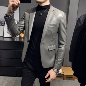 2022 Brand Clothing Fashion Men High Quality Casual Leather Jacket  Slim Fit Business Leather Suit