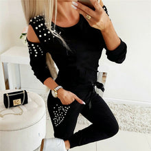 Load image into Gallery viewer, Tracksuit Women Two Piece Set Beading Decor Cold Shoulder Long Sleeve Top + Pants Jogger Suit Female Casual Lounge Wear Outfits - FlorentClothingStore 
