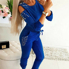 Load image into Gallery viewer, Tracksuit Women Two Piece Set Beading Decor Cold Shoulder Long Sleeve Top + Pants Jogger Suit Female Casual Lounge Wear Outfits - FlorentClothingStore 
