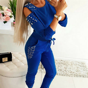 Tracksuit Women Two Piece Set Beading Decor Cold Shoulder Long Sleeve Top + Pants Jogger Suit Female Casual Lounge Wear Outfits - FlorentClothingStore 