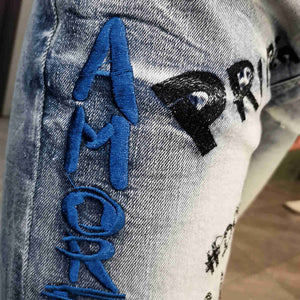 All Embroidery Jean Homme Slim Elastic Beggar Pants Men Blue Jean Moda Hombre 2022