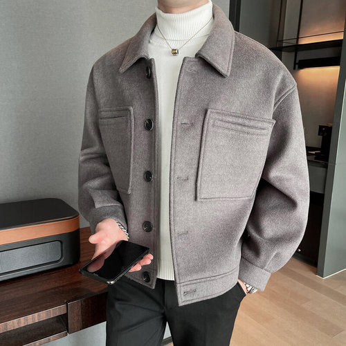 2022 British Style Winter Short Woolen Coat Men Warm Fashion Pocket Casual Cloth