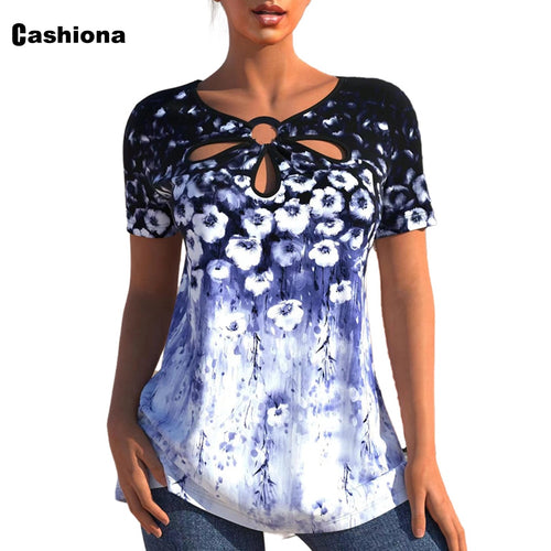 Women Short Sleeve Hollow Out T-shirt 2022 Summer Bohemian Flower Print Tops Streetwear Oversize Ladies Pullovers 4xl 5xl femme - FlorentClothingStore 