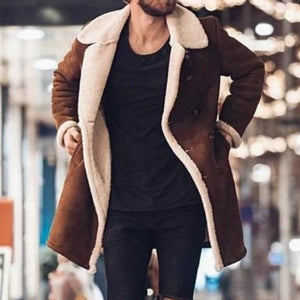 Fashion Men&#39;s Fur Fleece Trench Coats Lapel Long Sleeve Warm Fluffy Overcoat Slim