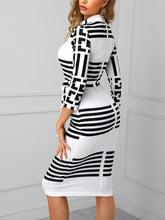 Load image into Gallery viewer, Striped Colorblock Insert Women Bodycon Dress Three Quarters Sleeve Mock Neck Office Ladies Casual Midi Dress - FlorentClothingStore 
