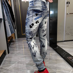 All Embroidery Jean Homme Slim Elastic Beggar Pants Men Blue Jean Moda Hombre 2022