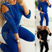 Load image into Gallery viewer, Tracksuit Women Two Piece Set Beading Decor Cold Shoulder Long Sleeve Top + Pants Jogger Suit Female Casual Lounge Wear Outfits - FlorentClothingStore 
