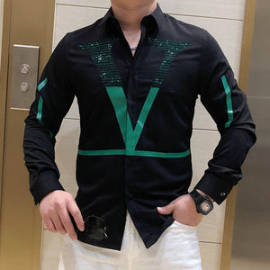 European Fashion Letter Print Shirt Men Fashion Trend Personality Casual Rhinestones