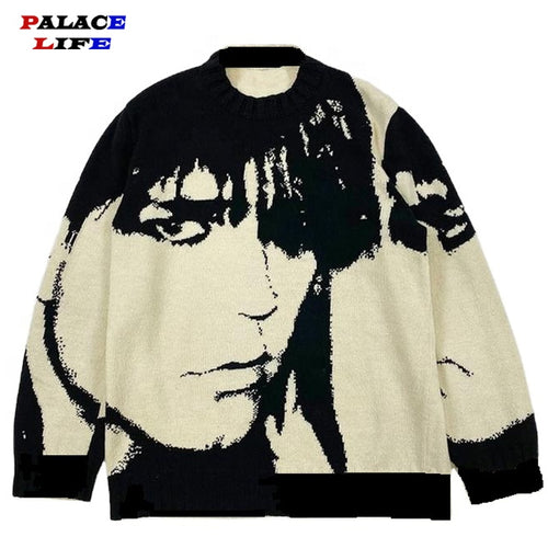 Mens Streetwear Harajuku Sweater Vintage Retro Japanese Style Anime Portrait Print Knitted Sweater - FlorentClothingStore 