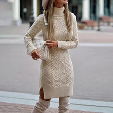 Load image into Gallery viewer, Ladies elegant autumn and winter knitted sweater dress casual ladies solid color long-sleeved high-neck split tight dress
