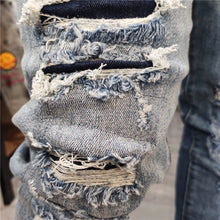 Load image into Gallery viewer, Summer Korean Letter Embroidery Straight Leg Pants Ripped Tight Jean Men Fashion Brand Hole Ruffian Denim Pant Patchwork Jeans
