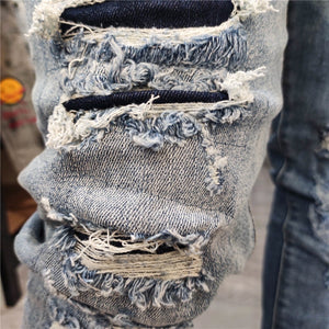 Summer Korean Letter Embroidery Straight Leg Pants Ripped Tight Jean Men Fashion Brand Hole Ruffian Denim Pant Patchwork Jeans