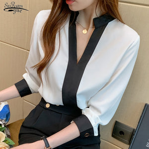 New Autumn White Long Sleeve Chiffon Shirt Women 2022 Casual V Neck Pullovers Blouse - FlorentClothingStore 