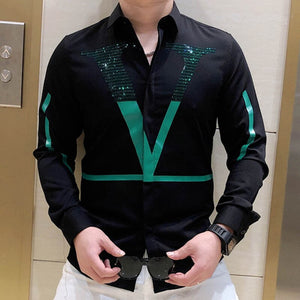 European Fashion Letter Print Shirt Men Fashion Trend Personality Casual Rhinestones