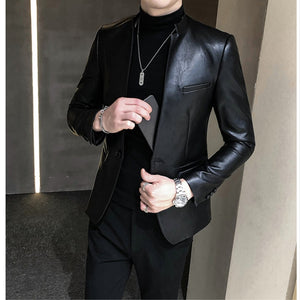 2022 Brand Clothing Fashion Men High Quality Casual Leather Jacket  Slim Fit Business Leather Suit