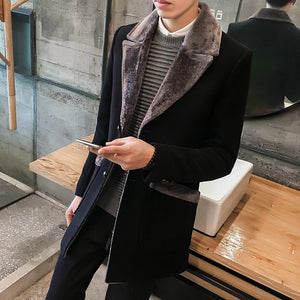 2022 Winter New Casual Windbreaker Men&#39;s Jacket Korean Long Section Large Fur Collar Jacket Men&#39;s Business Casual Warm Wool Coat