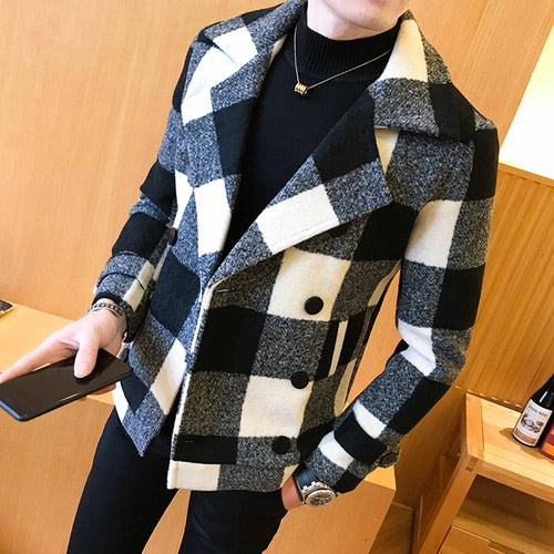 2022 Brand clothing Men High Quality Leisure plaid Woolen cloth coat/Male slim fit winter