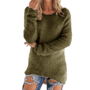 Lady  Simple Thick Fluffy Sweater Jumper Streetwear  Sweater O-Neck   for Daily Wear