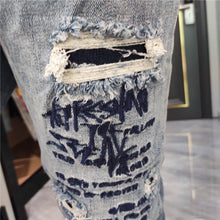 Load image into Gallery viewer, Summer Korean Letter Embroidery Straight Leg Pants Ripped Tight Jean Men Fashion Brand Hole Ruffian Denim Pant Patchwork Jeans
