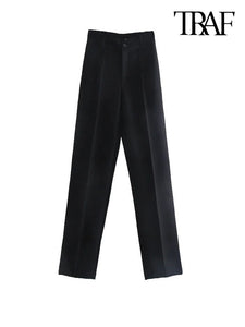 TRAF Women Chic Fashion Office Wear Straight Pants Vintage High Waist Zipper Fly Female Trousers Mujer