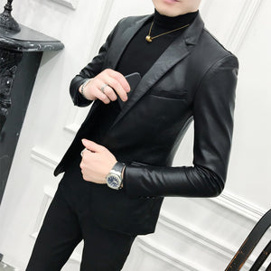 2022 Brand Clothing Fashion Men High Quality Casual Leather Jacket  Slim Fit Business Leather Suit