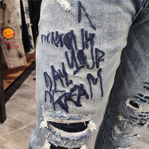 Summer Korean Letter Embroidery Straight Leg Pants Ripped Tight Jean Men Fashion Brand Hole Ruffian Denim Pant Patchwork Jeans