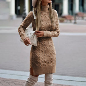 Ladies elegant autumn and winter knitted sweater dress casual ladies solid color long-sleeved high-neck split tight dress