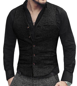 Mens Suit Vest V Neck Wool Brown Single-breasted Houndstooth Waistcoat Casual Formal - FlorentClothingStore 