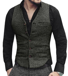 Mens Suit Vest V Neck Wool Brown Single-breasted Houndstooth Waistcoat Casual Formal - FlorentClothingStore 