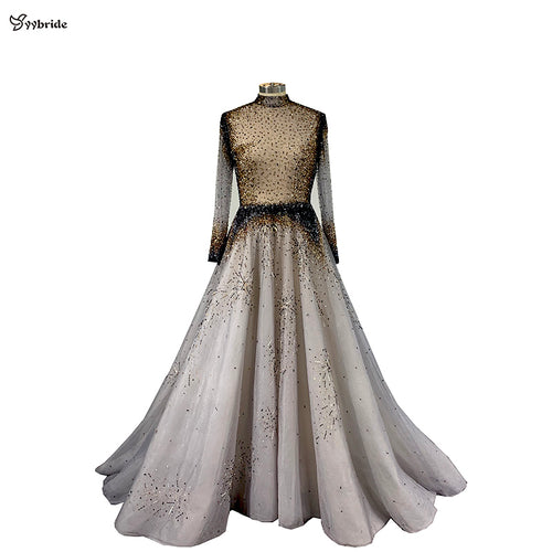 yybride Long Sleeves A-line High Neck Evening Dresses Hand Sewing Beading Crystals - florentclothing store 