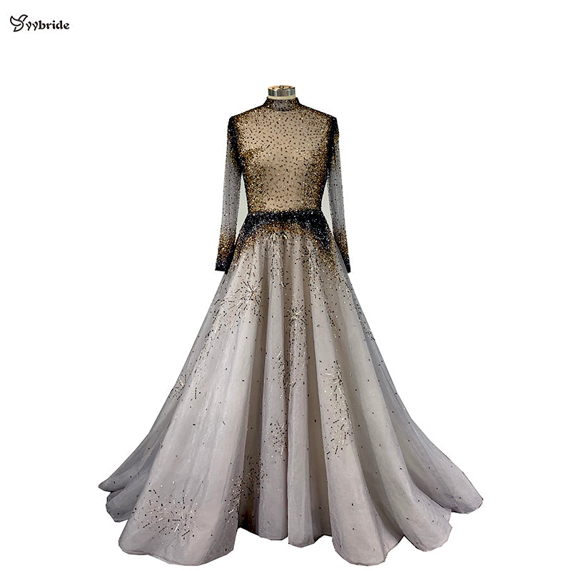 yybride Long Sleeves A-line High Neck Evening Dresses Hand Sewing Beading Crystals - florentclothing store 