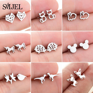 SMJEL Stainless Steel Mickey Stud Earrings for Women Girls Minimalist Fox Cat - florentclothing store 