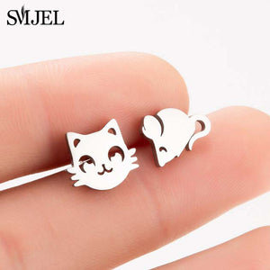 SMJEL Stainless Steel Mickey Stud Earrings for Women Girls Minimalist Fox Cat - florentclothing store 