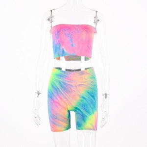 Hugcitar tie dye print sexy tank top biker shorts 2 two piece set 2019 summer women - florentclothing store 