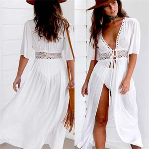 3XL Plus Size Beach Long Maxi Dress Women Beach Cover Up Tunic Pareo White V Neck Dress - FlorentClothingStore 