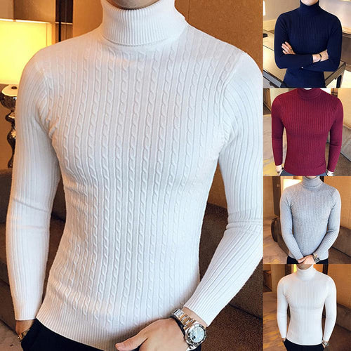 Casual Men Winter Solid Color Turtle Neck Long Sleeve Twist Knitted Slim - FlorentClothingStore 