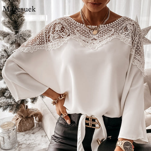 New Crochet Embroidery Lace Blouses Women Autumn Sexy Lace Stitching White Shirts - FlorentClothingStore 