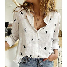 Load image into Gallery viewer, Casual Long Sleeve Birds Print  Shirts Women Oversized Cotton and Linen Blouses and Tops - FlorentClothingStore 
