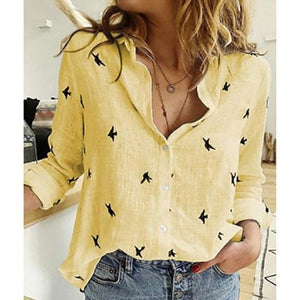 Casual Long Sleeve Birds Print  Shirts Women Oversized Cotton and Linen Blouses and Tops - FlorentClothingStore 