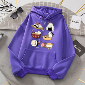 Sushi Cat's Day Harajuku Print Hoodies Womens New Loose Fleece Autumn Fleece Sweatshirt  O-Neck - FlorentClothingStore 