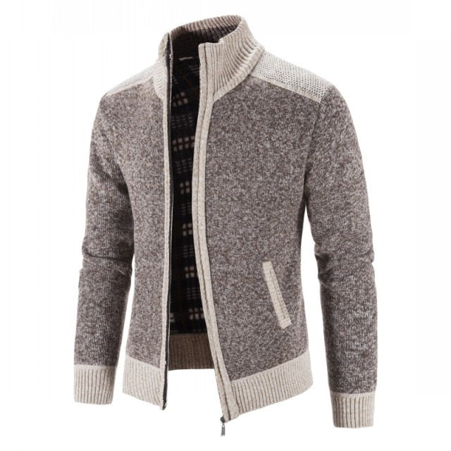 New Men's Sweater Coat Fashion Patchwork Knitted  Slim Fit Stand Collar Thick Warm - FlorentClothingStore 