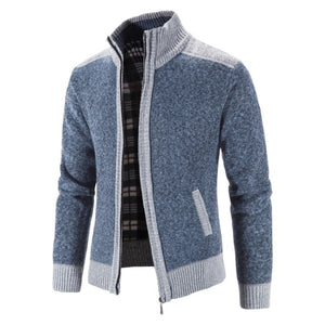 New Men's Sweater Coat Fashion Patchwork Knitted  Slim Fit Stand Collar Thick Warm - FlorentClothingStore 