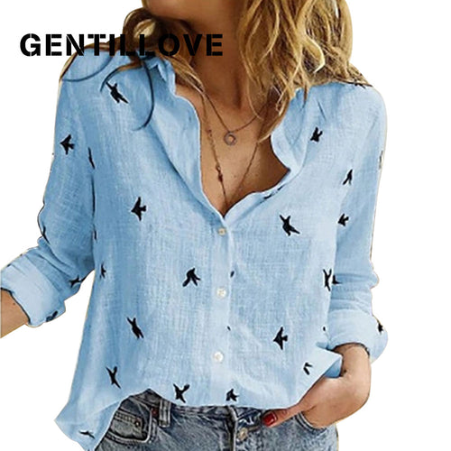 Casual Long Sleeve Birds Print  Shirts Women Oversized Cotton and Linen Blouses and Tops - FlorentClothingStore 