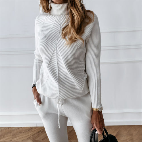 TYHRU Autumn Winter Women tracksuit Solid Color Striped Turtleneck Sweater and Elastic Trousers Suits Knitted Two Piece Set - FlorentClothingStore 