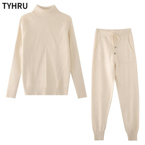 TYHRU Autumn Winter Women tracksuit Solid Color Striped Turtleneck Sweater and Elastic Trousers Suits Knitted Two Piece Set - FlorentClothingStore 