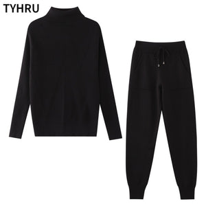 TYHRU Autumn Winter Women tracksuit Solid Color Striped Turtleneck Sweater and Elastic Trousers Suits Knitted Two Piece Set - FlorentClothingStore 